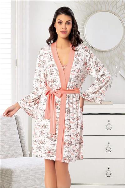 Faal 6024 Kadın Viskon İp Askılı Gecelik Sabahlık Takım-Somon