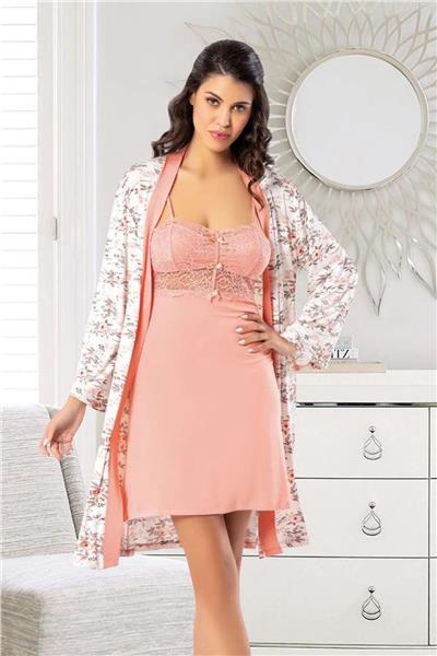 Faal 6024 Kadın Viskon İp Askılı Gecelik Sabahlık Takım-Somon