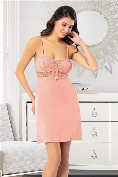 Faal 6024 Kadın Viskon İp Askılı Gecelik Sabahlık Takım-Somon