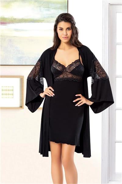 Faal 6025 Kadın Viskon İp Askılı Gecelik Sabahlık Takım-Siyah