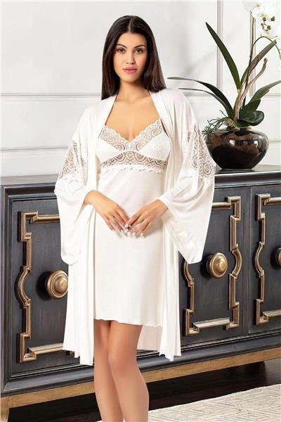 Faal 6026 Kadın Viskon İp Askılı Gecelik Sabahlık Takım-Ekru