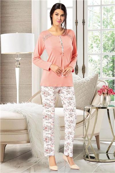 Faal 8602 Kadın Uzun Kollu Önden Düğmeli Pijama Takımı-Somon