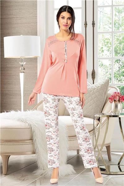 Faal 8602 Kadın Uzun Kollu Önden Düğmeli Pijama Takımı-Somon