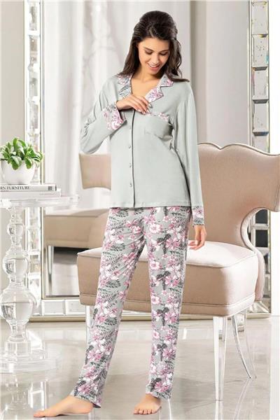 Faal 8604 Kadın Uzun Kollu Önden Düğmeli Pijama Takımı-Yeşil