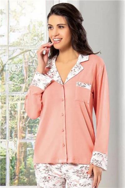 Faal 8605 Kadın Uzun Kollu Önden Düğmeli Pijama Takımı-Somon