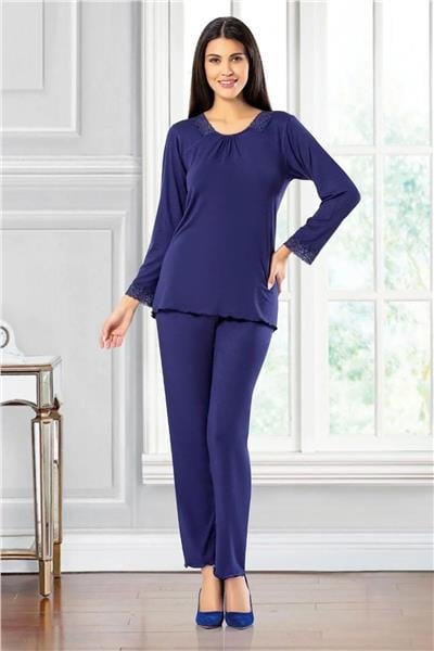 Faal 8606 Kadın Uzun Kollu Dantel Detaylı Pijama Takımı-Lacivert