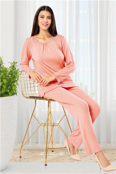Faal 8607 Kadın Uzun Kollu Dantel Detaylı Pijama Takımı-Somon