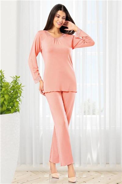 Faal 8607 Kadın Uzun Kollu Dantel Detaylı Pijama Takımı-Somon