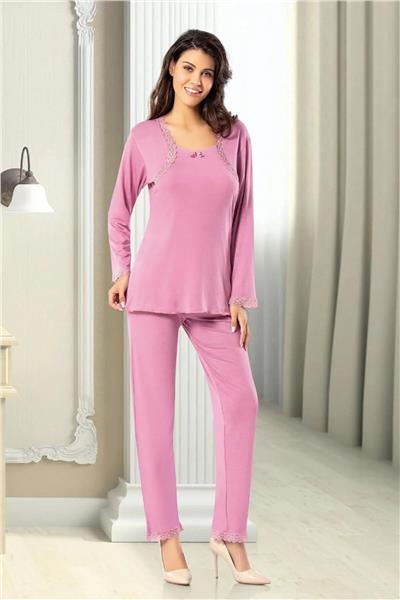 Faal 8608 Kadın Uzun Kollu Dantel Detaylı Pijama Takımı-Gülkurusu