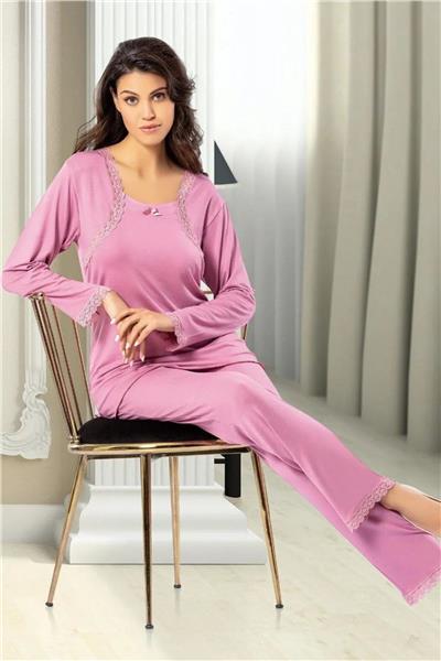 Faal 8608 Kadın Uzun Kollu Dantel Detaylı Pijama Takımı-Gülkurusu