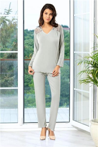 Faal 8609 Kadın Uzun Kollu Dantel Detaylı Pijama Takımı-Gri