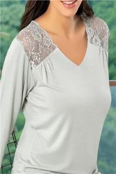 Faal 8609 Kadın Uzun Kollu Dantel Detaylı Pijama Takımı-Gri