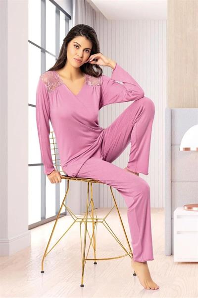 Faal 8610 Kadın Uzun Kollu Dantel Detaylı Pijama Takımı-Gülkurusu
