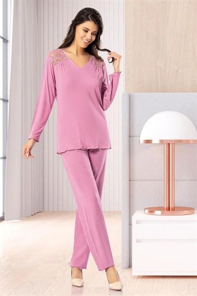 Faal 8610 Kadın Uzun Kollu Dantel Detaylı Pijama Takımı-Gülkurusu