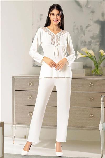 Faal 8611 Kadın Uzun Kollu Dantel Detaylı Pijama Takımı-Ekru
