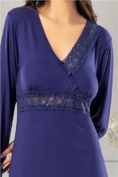 Faal 8613 Kadın Uzun Kollu Dantel Detaylı V Yaka Pijama Takımı-Lacivert