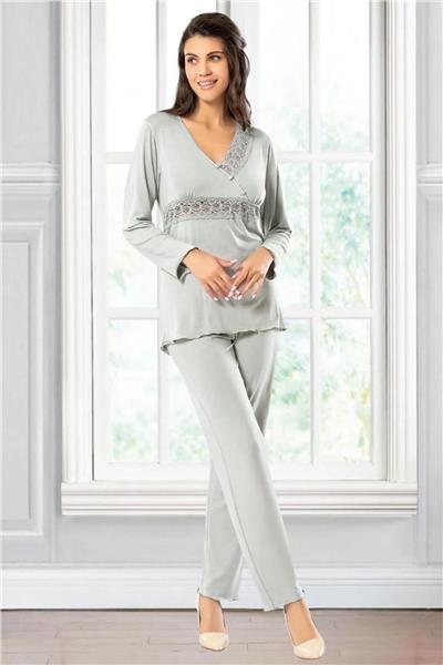 Faal 8614 Kadın Uzun Kollu Dantel Detaylı V Yaka Pijama Takımı-Gri