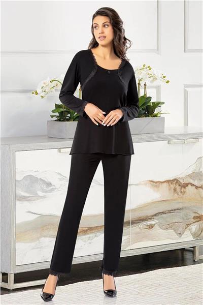 Faal 8615 Kadın Uzun Kollu Dantel Detaylı Pijama Takımı-Siyah