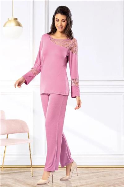 Faal 8617 Kadın Uzun Kollu Dantel Detaylı Pijama Takımı-Gülkurusu