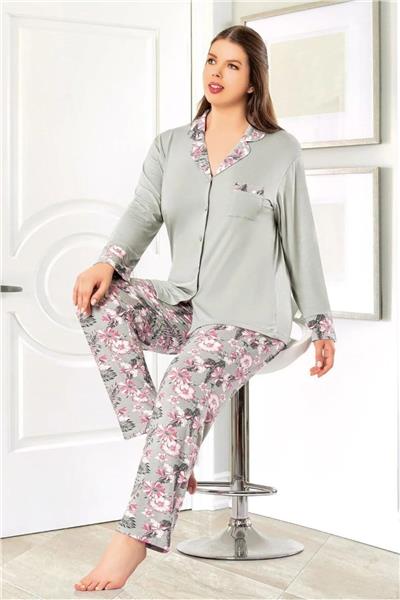 Faal 8802 Kadın Büyük Beden Uzun Kollu Önden Düğmeli Pijama Takım-Gri