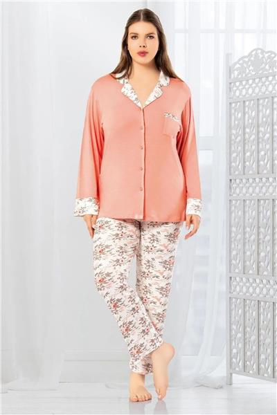 Faal 8803 Kadın Büyük Beden Uzun Kollu Önden Düğmeli Pijama Takım-Somon