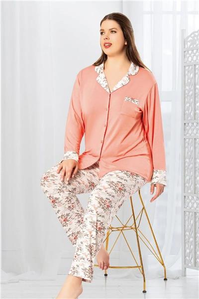 Faal 8803 Kadın Büyük Beden Uzun Kollu Önden Düğmeli Pijama Takım-Somon