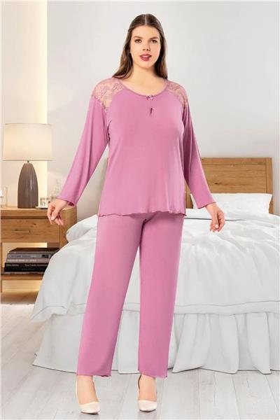 Faal 8804 Kadın Büyük Beden Uzun Kollu Dantel Detaylı Pijama Takım-Gülkurusu
