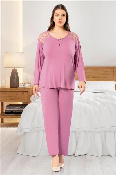 Faal 8804 Kadın Büyük Beden Uzun Kollu Dantel Detaylı Pijama Takım-Gülkurusu