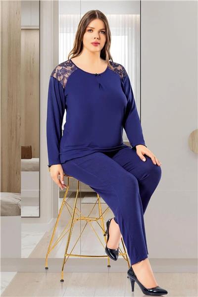 Faal 8805 Kadın Büyük Beden Uzun Kollu Dantel Detaylı Pijama Takım-Lacivert