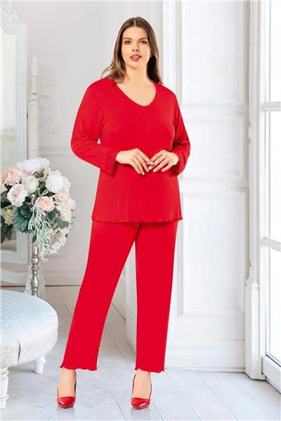 Faal 8806 Kadın Büyük Beden Uzun Kollu Pijama Takım-Kırmızı