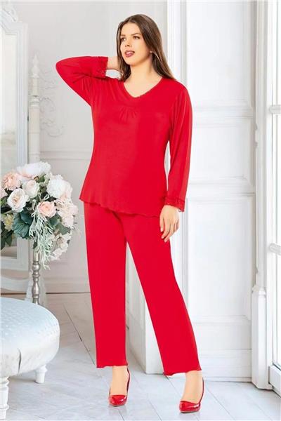 Faal 8806 Kadın Büyük Beden Uzun Kollu Pijama Takım-Kırmızı
