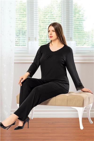 Faal 8808 Kadın Büyük Beden Uzun Kollu Pijama Takım-Siyah