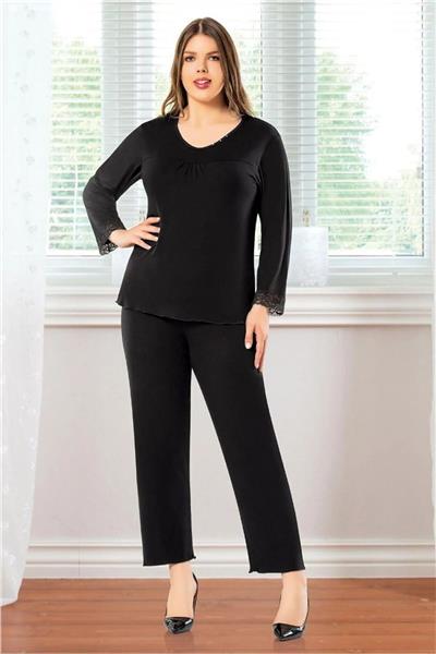 Faal 8808 Kadın Büyük Beden Uzun Kollu Pijama Takım-Siyah