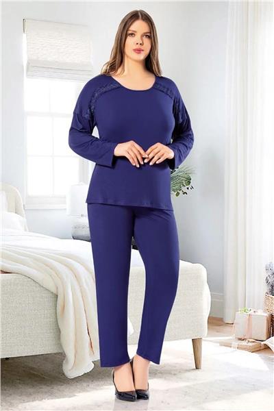 Faal 8809 Kadın Büyük Beden Uzun Kollu Dantel Detaylı Pijama Takım-Lacivert
