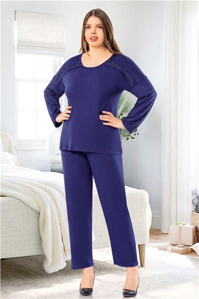 Faal 8809 Kadın Büyük Beden Uzun Kollu Dantel Detaylı Pijama Takım-Lacivert