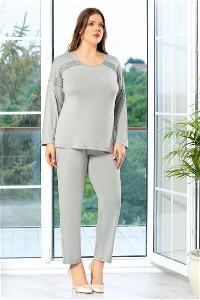 Faal 8810 Kadın Büyük Beden Uzun Kollu Dantel Detaylı Pijama Takım-Gri