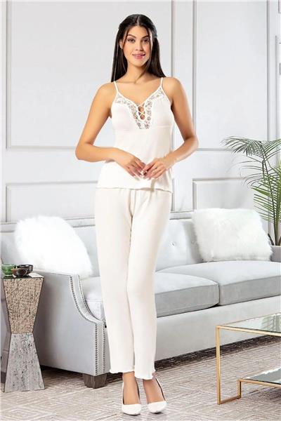 Faal 8903 Kadın Sabahlıklı Pijama Takımı-Ekru