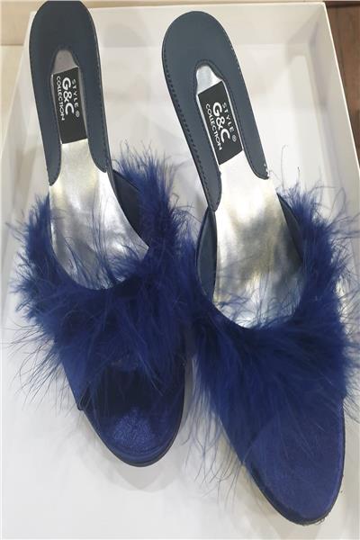 GC Terlik 155 Kadın Önü Tüylü Topuklu Ev Terliği-Lacivert