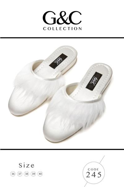 GC Terlik 245 Kadın Önü Tüylü Ev Terliği-Ekru