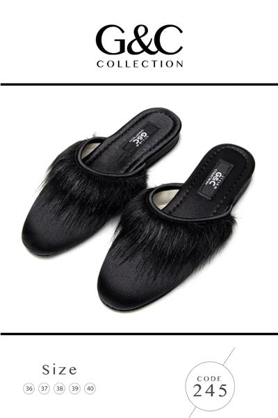 GC Terlik 245 Kadın Önü Tüylü Ev Terliği-Siyah