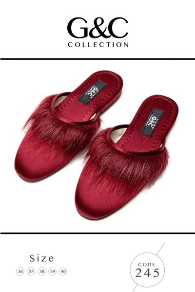 GC Terlik 245 Kadın Önü Tüylü Ev Terliği-Bordo