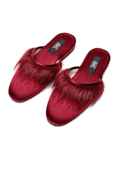 GC Terlik 245 Kadın Önü Tüylü Ev Terliği-Bordo