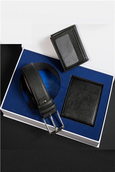 GC Terlik 515 Erkek cüzdan Kemer Kartlık Set-Siyah