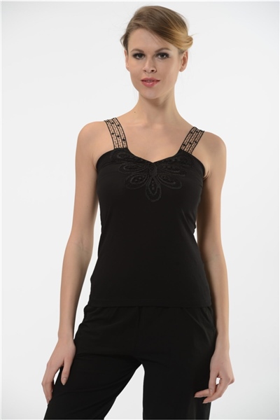 HMD 2444 Pamuklu Dantel Askılı Kadın Atlet - Siyah