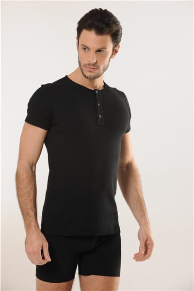 HMD 505 Pamuklu Düğme Detay Yaka Erkek Atlet - Siyah