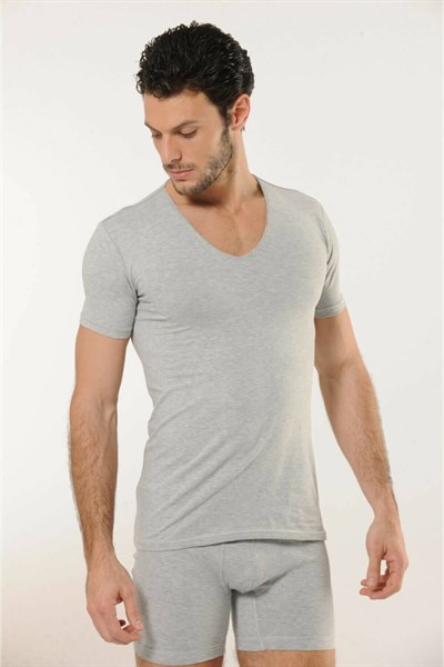 HMD 713 Derin V Yaka Kısa Kollu Likralı T-Shirt - Gri