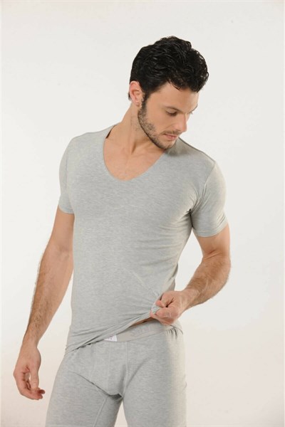 HMD 713 Derin V Yaka Kısa Kollu Likralı T-Shirt - Gri