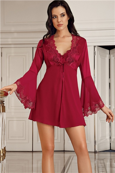 İmaj 4210 Dantelli Saten Gecelik Sabahlık Takım-Bordo