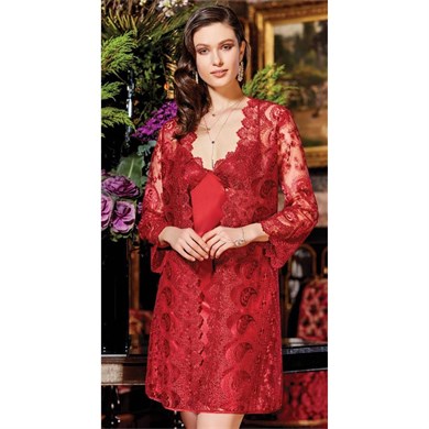 Jeremi 2963 Saten Dantelli İkili Gecelik Sabahlık Takım - Bordo