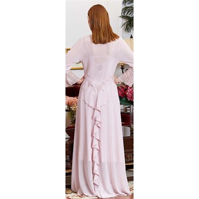 Jeremi 3075 Çeyizlik İpek Saten Dantelli İkili Uzun Gecelik Sabahlıklı Takım - Pudra